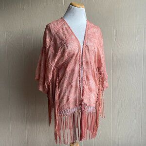 Coco + Jameson Boho Floral Embroidered Fringe Trim Kimono Cardigan